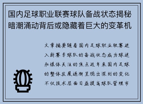 国内足球职业联赛球队备战状态揭秘暗潮涌动背后或隐藏着巨大的变革机遇